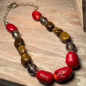 Red coral and tigers eye chunky necklace